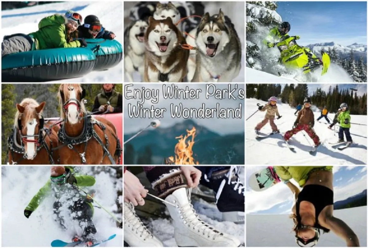This lively winter scene features people snow tubing, a team of huskies poised for dog sledding, snowmobiles in action, children skiing, a snowboarder, and a cozy campfire—all set against a snowy landscape. The image captures the excitement and variety of winter activities available in the area.