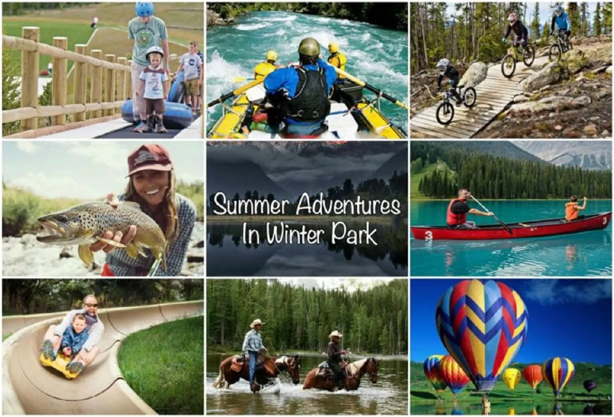 Families and friends are pictured enjoying a diverse range of outdoor activities like rafting, biking, fishing, kayaking, hot air ballooning, and tubing, all set against a backdrop of dramatic mountains and scenic lakes. The image radiates a joyful, adventurous spirit.