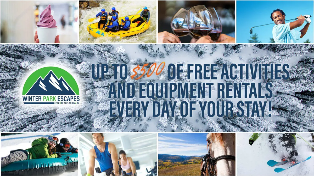 A vibrant collage of adventure activities including white-water rafting, skiing, horseback riding, golfing, and indoor relaxation. The rafting and skiing elements are particularly dynamic, highlighting thrilling summer and winter experiences.